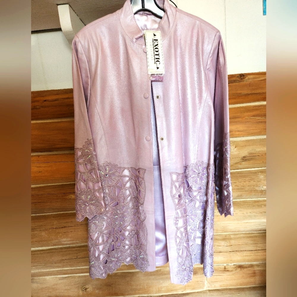 Custom Lavender hand beaded exotic leather jacket for spring - Medium